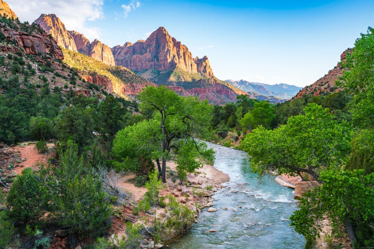 A river flows through a canyon at Zion National Park, Utah